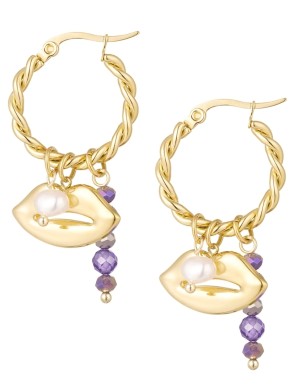 Oorbellen mond met natuursteen, paars & goud